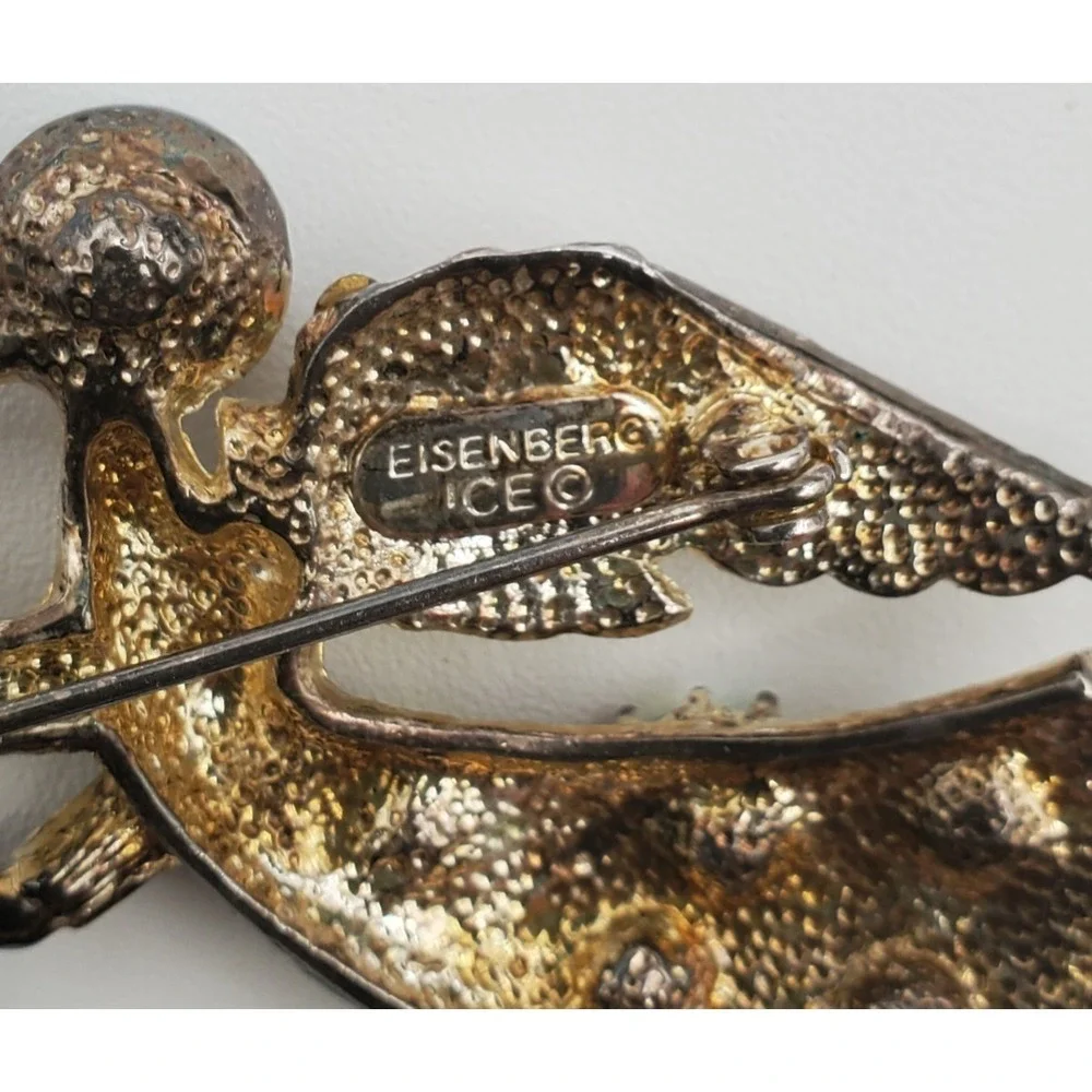 Vtg Gold Tone Eisenberg Ice Aurora Borealis Angel & Trumpet Brooch Pin